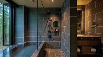 Separate tub and shower, free toiletries, hair dryer, slippers