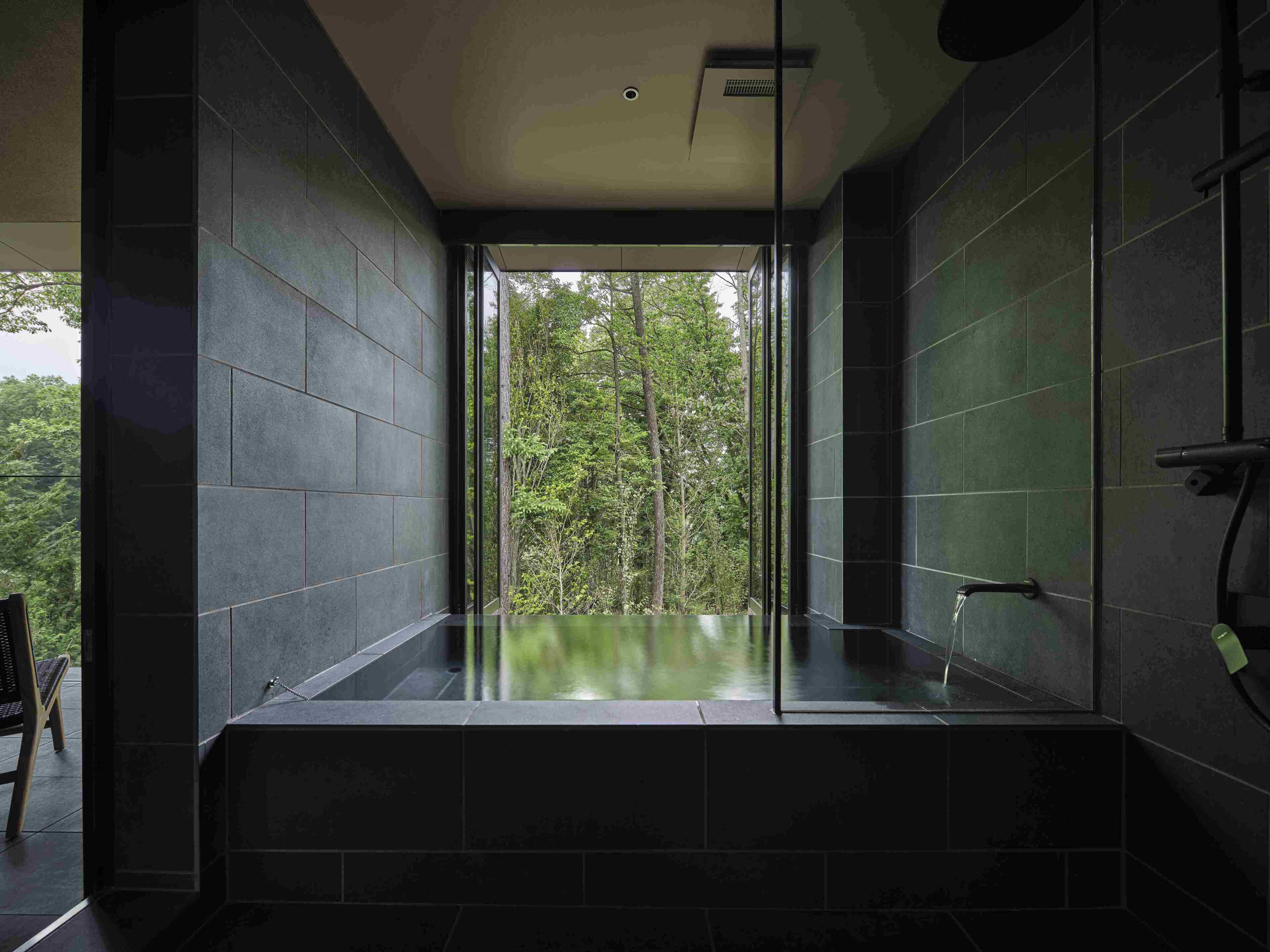 Une salle de bain moderne avec une douche en verre et une vue sur une forêt.