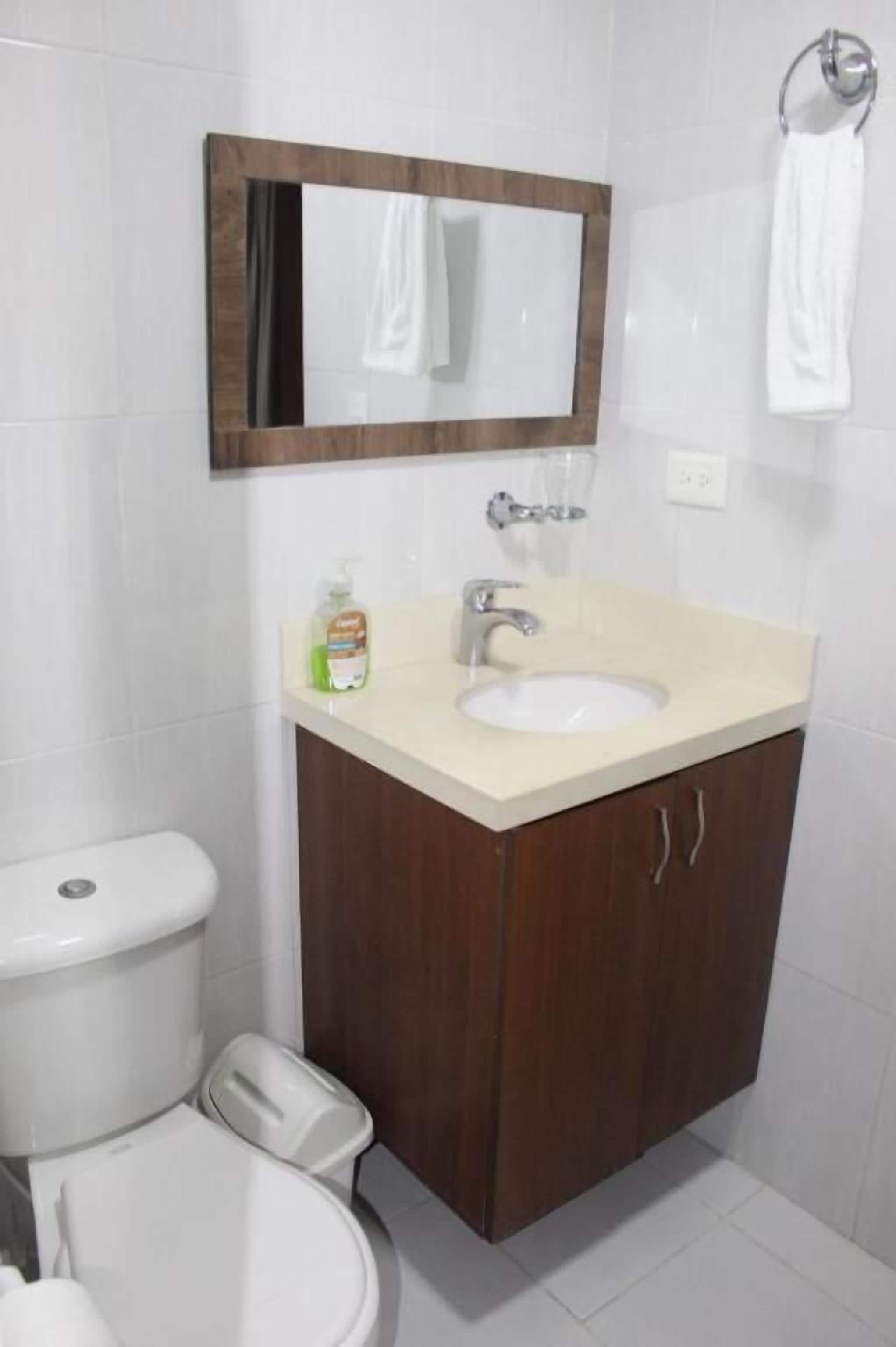 A bathroom with a toilet, sink, and mirror.