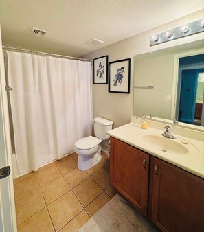 Hair dryer, towels, soap, toilet paper - Large secondary primary bedroom with private bathroom in peaceful, stylish home (Vail)
