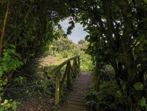 A wooden pathway surrounded by dense foliage, leading to a natural landscape. - Owl (Pickering)