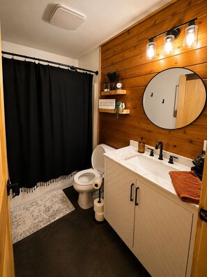 A compact bathroom with a toilet, sink, and mirror. - Modern Rustic Cabin - ATV & Snowmobile Trail Access - Fire Pit (Hayward)