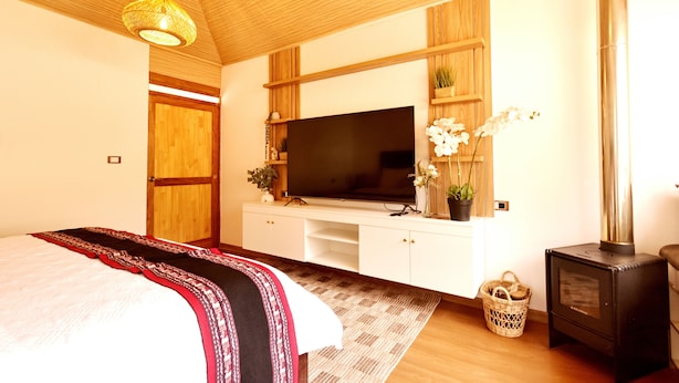 A bedroom with a bed, a television on a wooden cabinet, a fireplace, and a hanging light fixture.