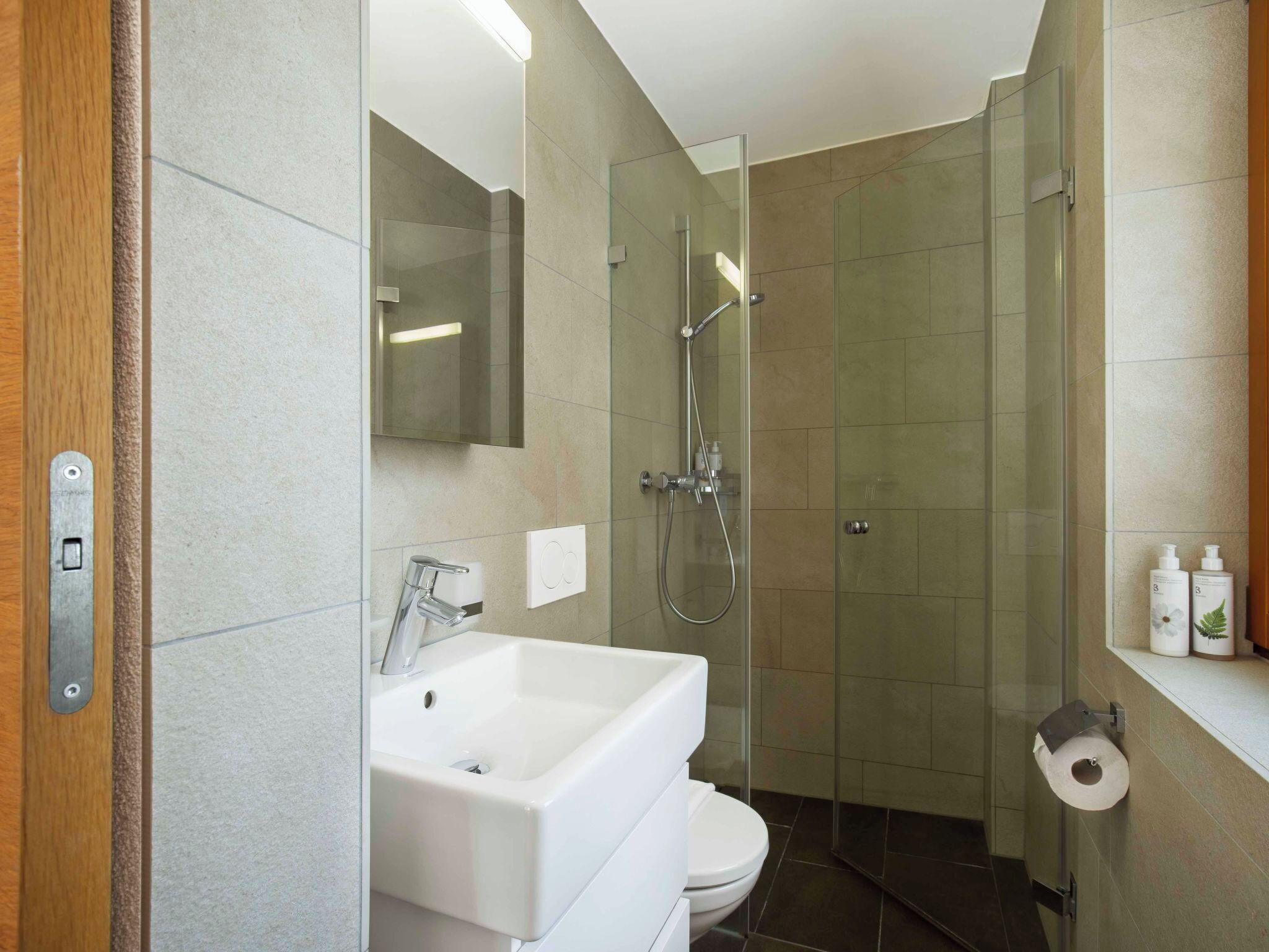 Un baño moderno con ducha de vidrio, lavamanos blanco y un inodoro.