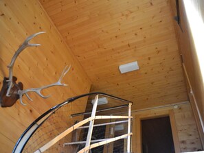 A wooden interior with a mounted deer head and antlers, a metal ladder, and a door. - Minga Mal Appartement/Fewo 8-Bettwohnung by Interhome (Saas-Fee)