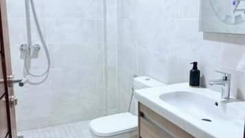 Shower, hair dryer, towels, toilet paper