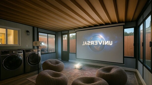 Una sala de estar moderna con una pantalla grande mostrando 'UNIVERSAL', techo de madera, lavadora y alfombra.