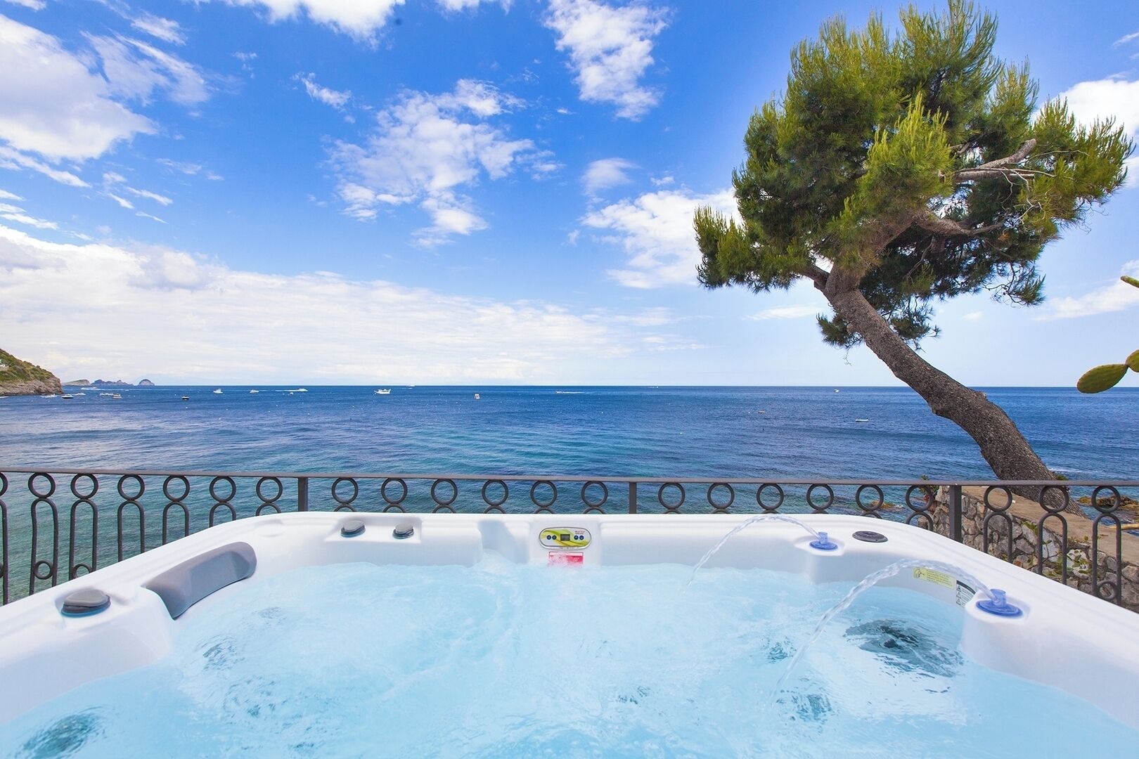 A hot tub with a view of the sea and a pine tree.