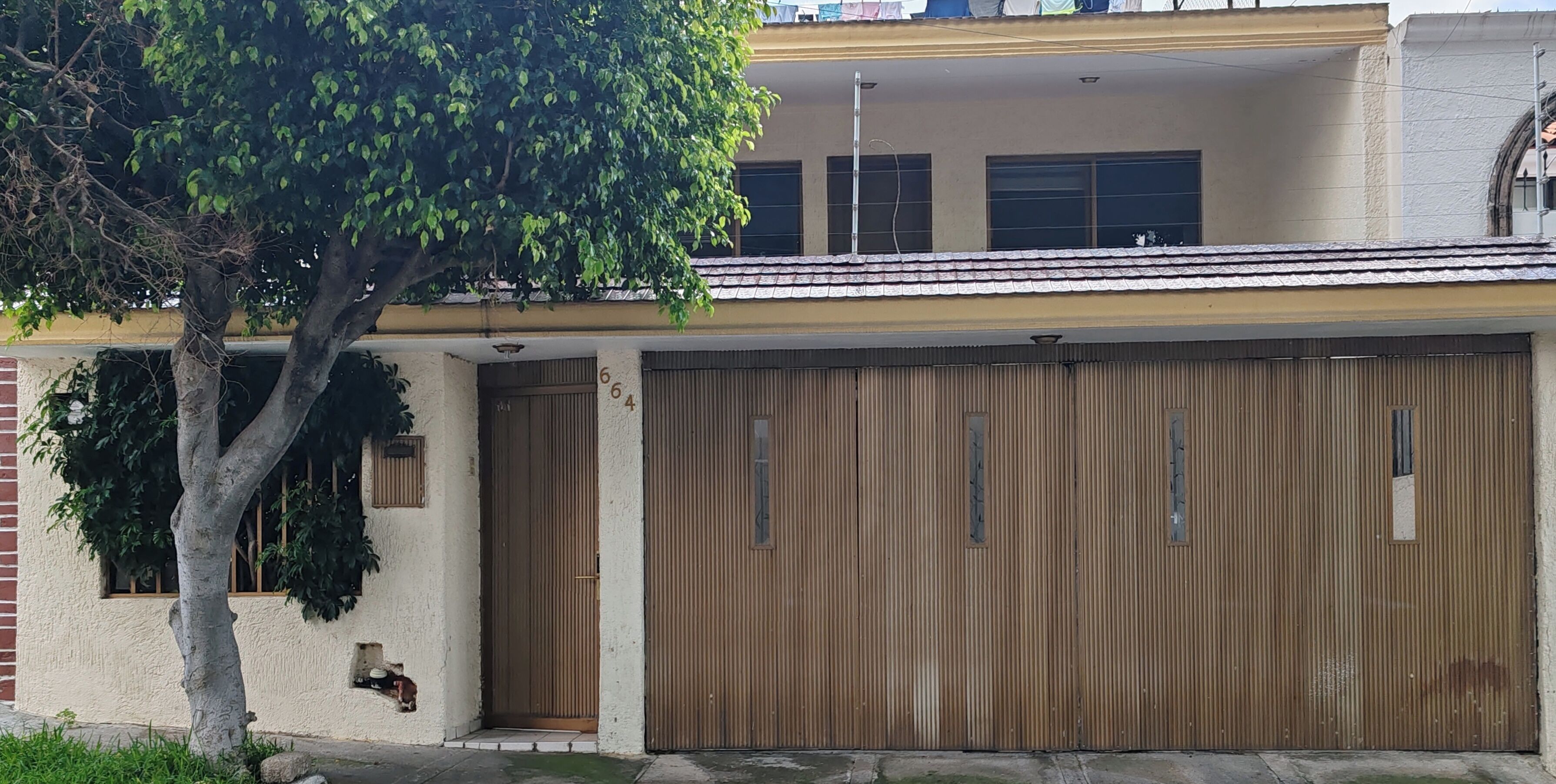 A residential building with a garage door, a tree in front, and a small window on the side.