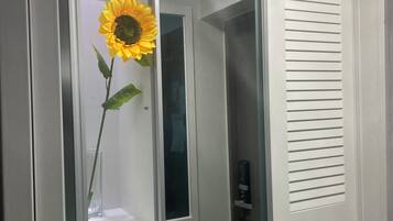 Una habitación con una puerta corrediza, un aparador de vidrio con un girasol, y un picaporte de madera.