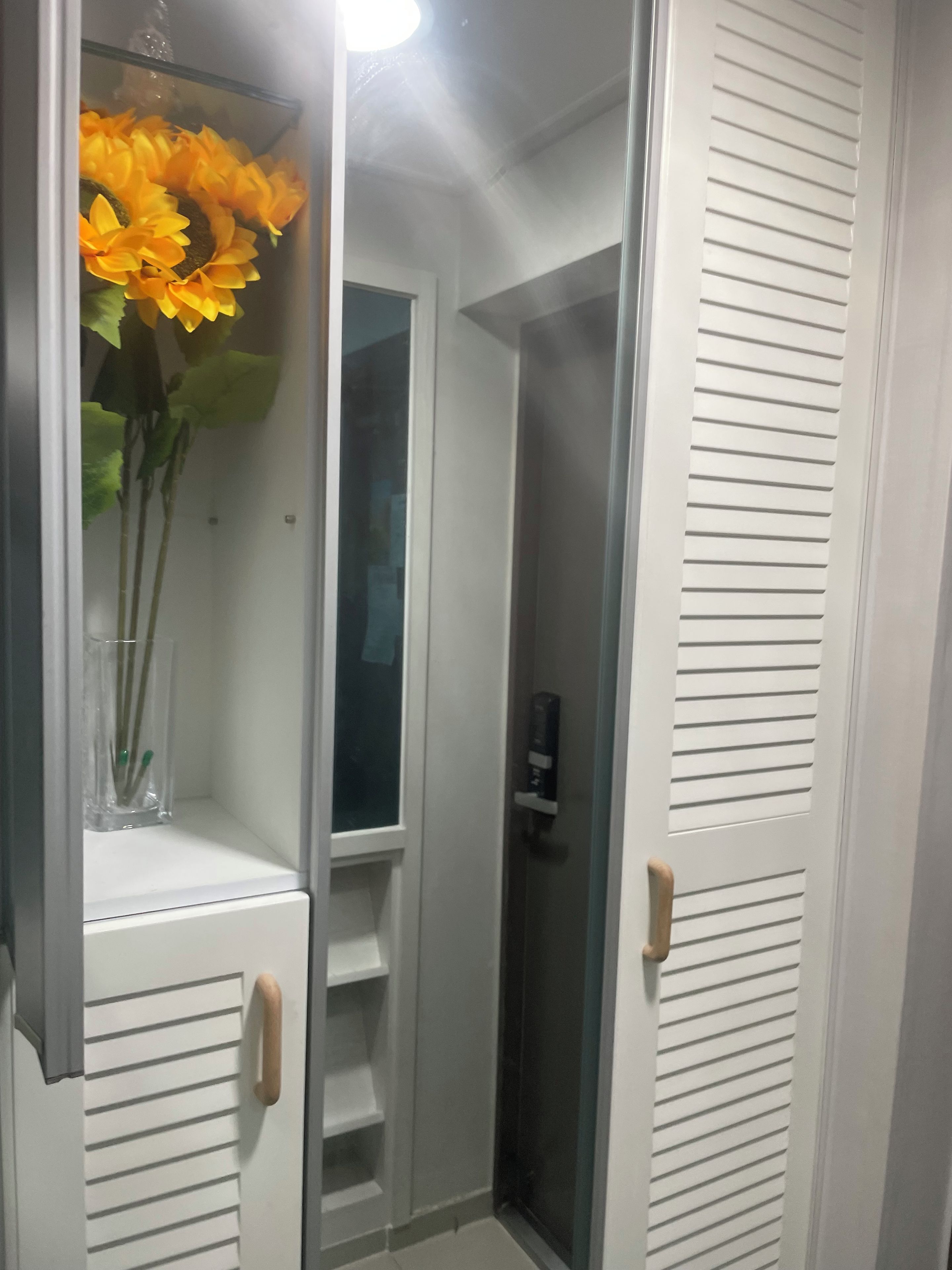 A room with a white door, a glass door, and a shelf with a vase of flowers.