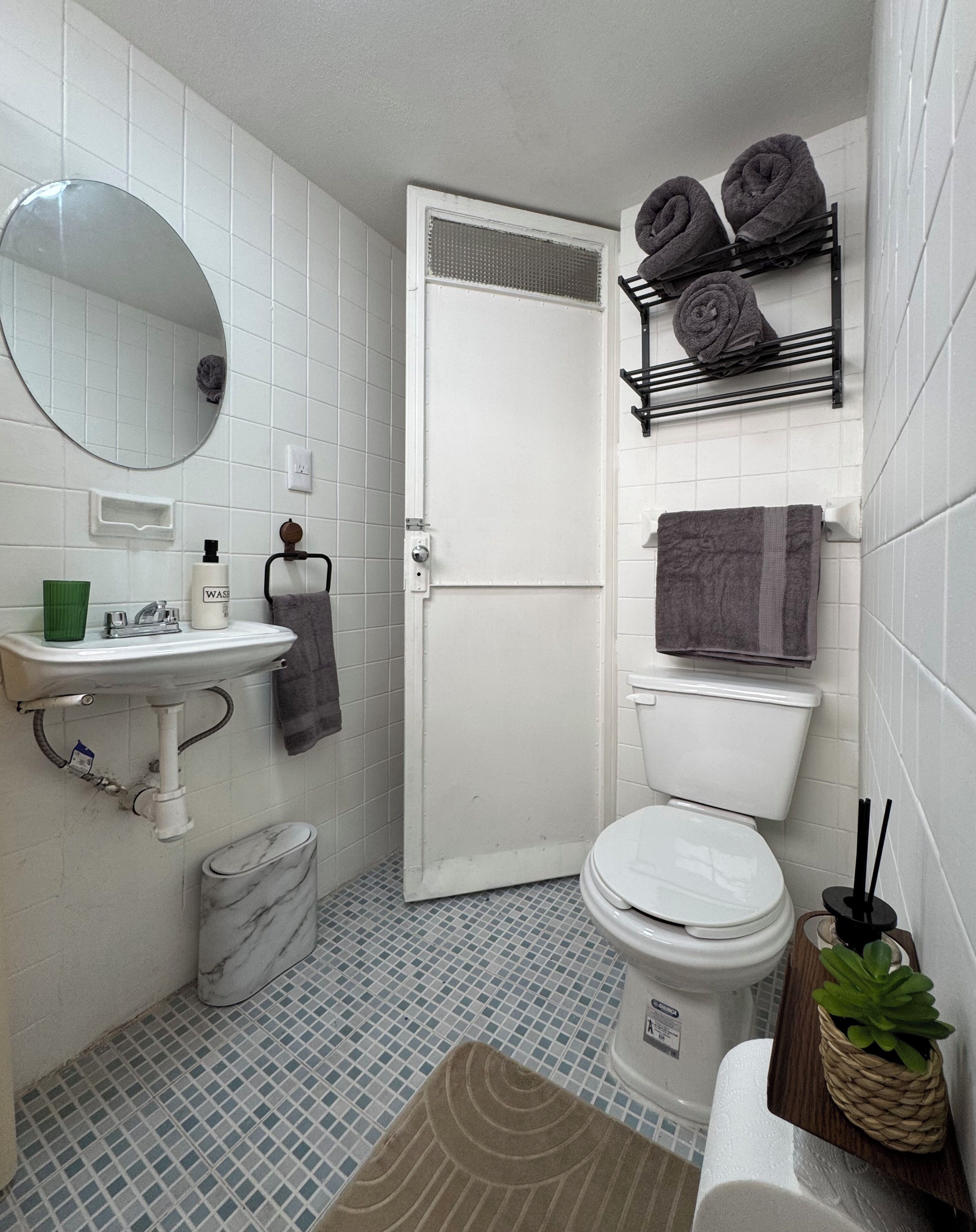 Hair dryer, towels, soap, toilet paper
