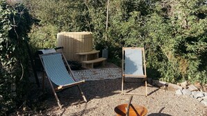 A garden with two wooden chairs, a wooden bench, and a fire pit.
