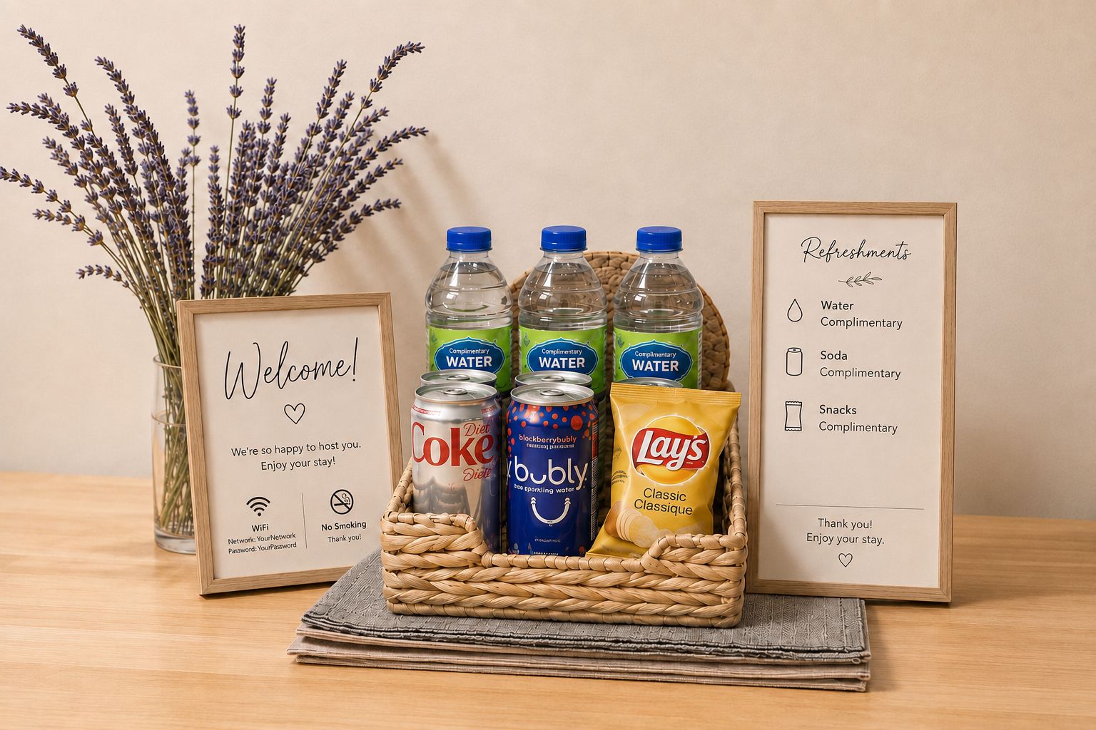 Ein Willkommensschild, ein Korb mit Getränken und Snacks sowie eine gerahmte Liste mit Annehmlichkeiten.