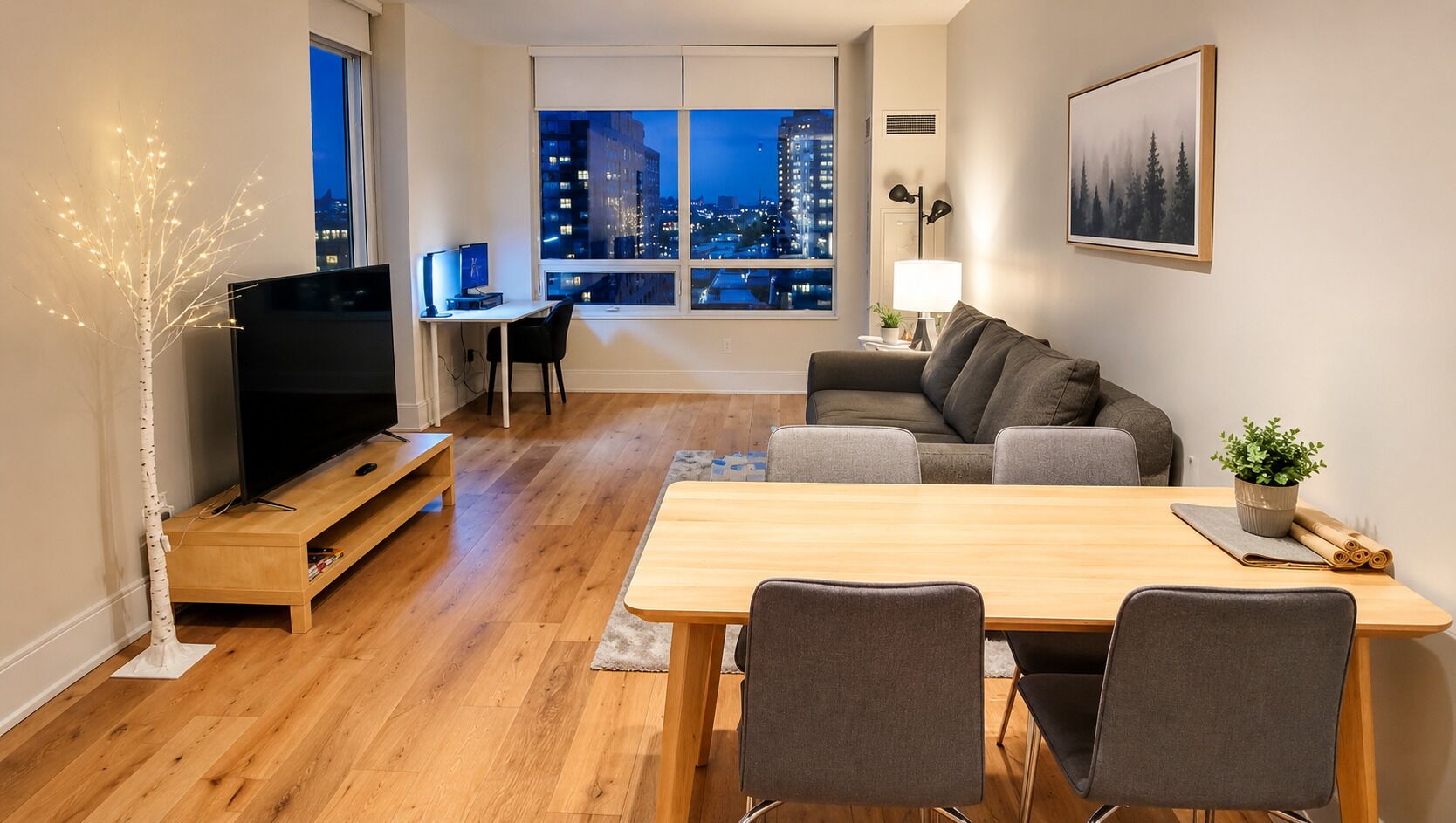 Ein modernes Wohnzimmer mit Holzboden, einem Esstisch, einer Couch, einem Fernseher und Blick auf die Stadt durch große Fenster.