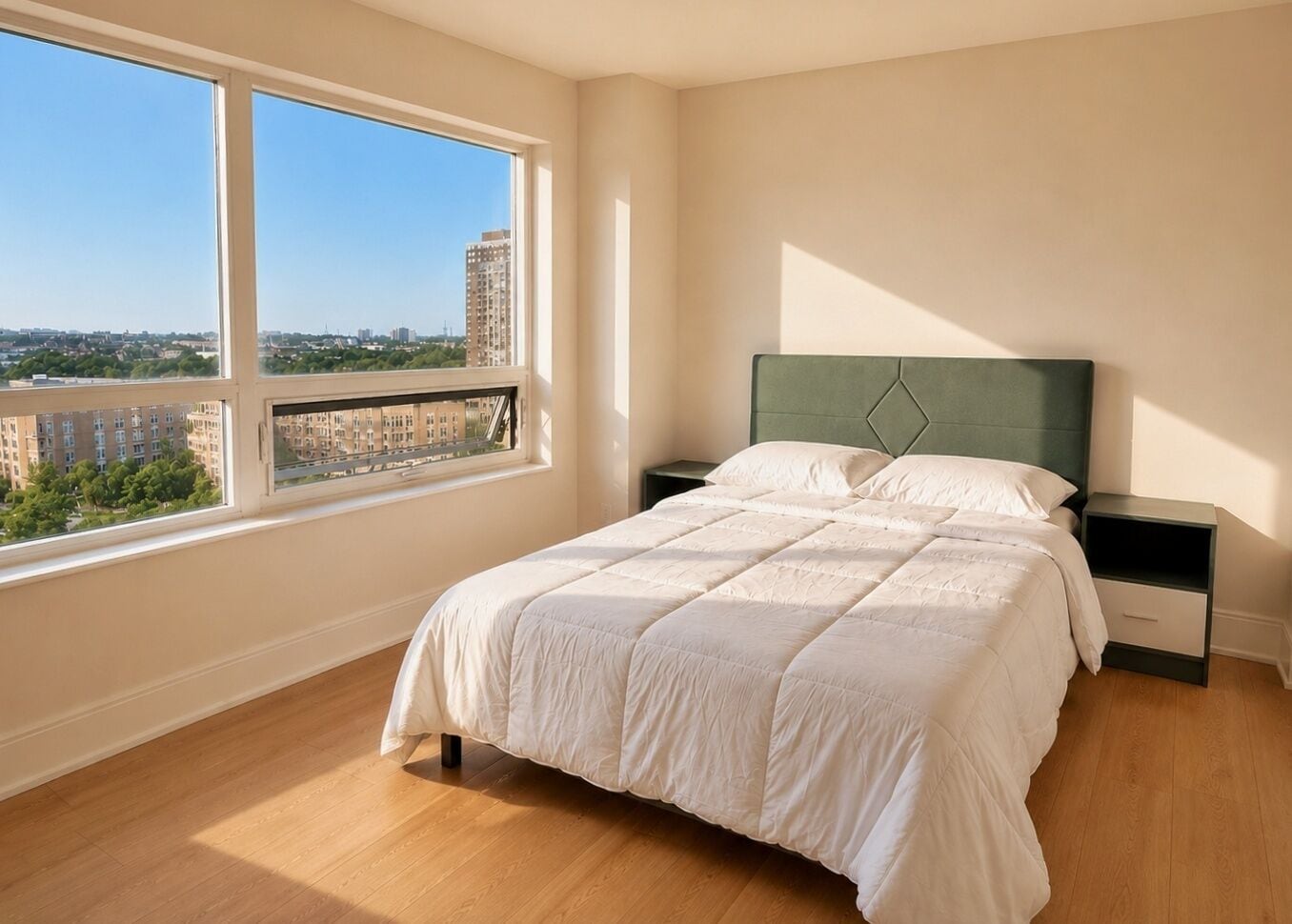 A bedroom with a large window, a bed with a green headboard, and a nightstand.