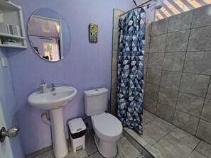Een badkamer met een wastafel, toilet en douchegordijn.