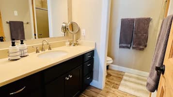 Shower, hair dryer, towels, soap