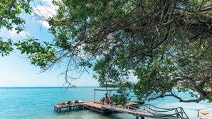 A wooden dock extending into clear blue water, with lounge chairs and a covered seating area. - Raices del rosario  (Rosario Islands)