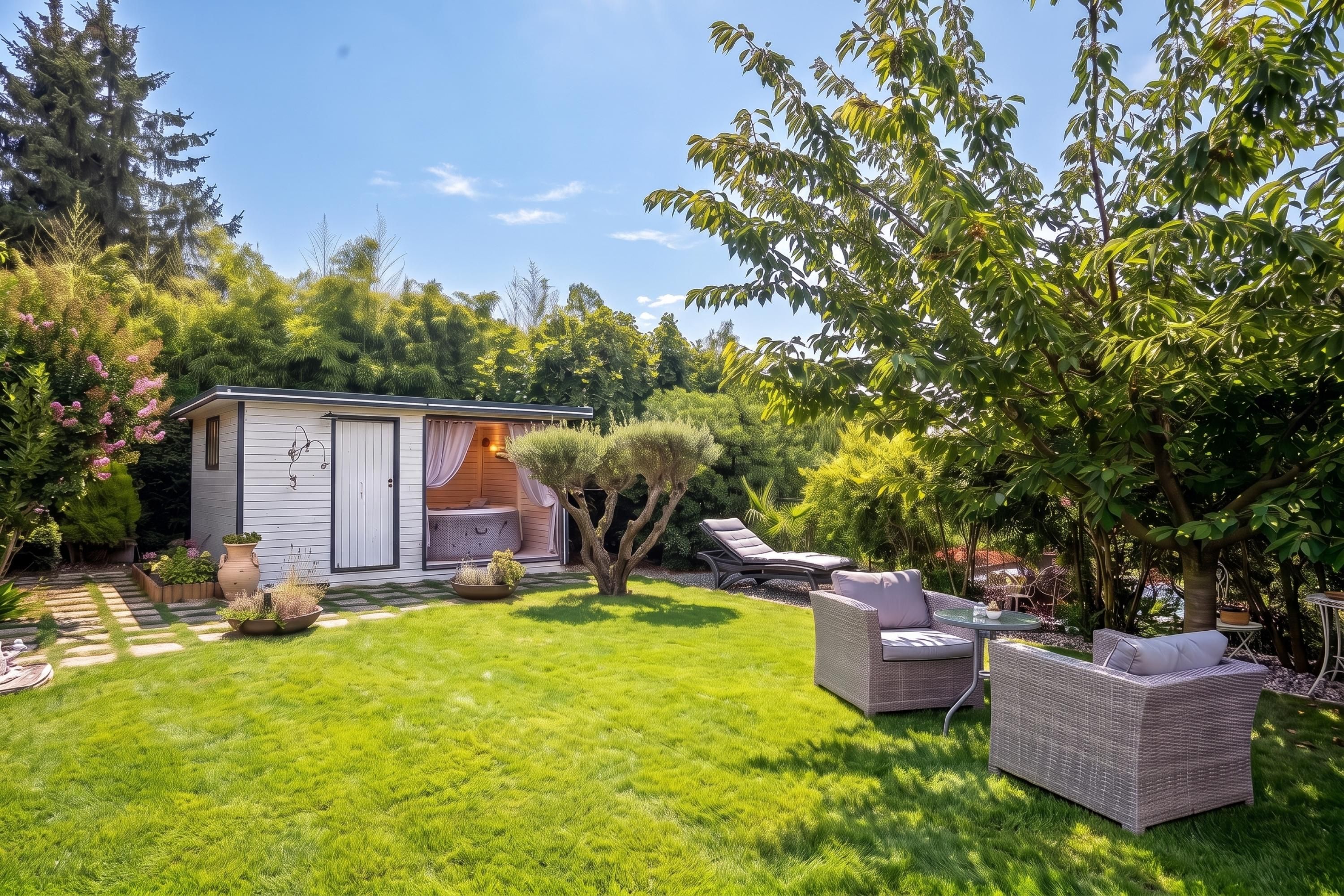 Een afgesloten tuin met een kleine houten tuinhuis, gazon en buitenmeubilair.