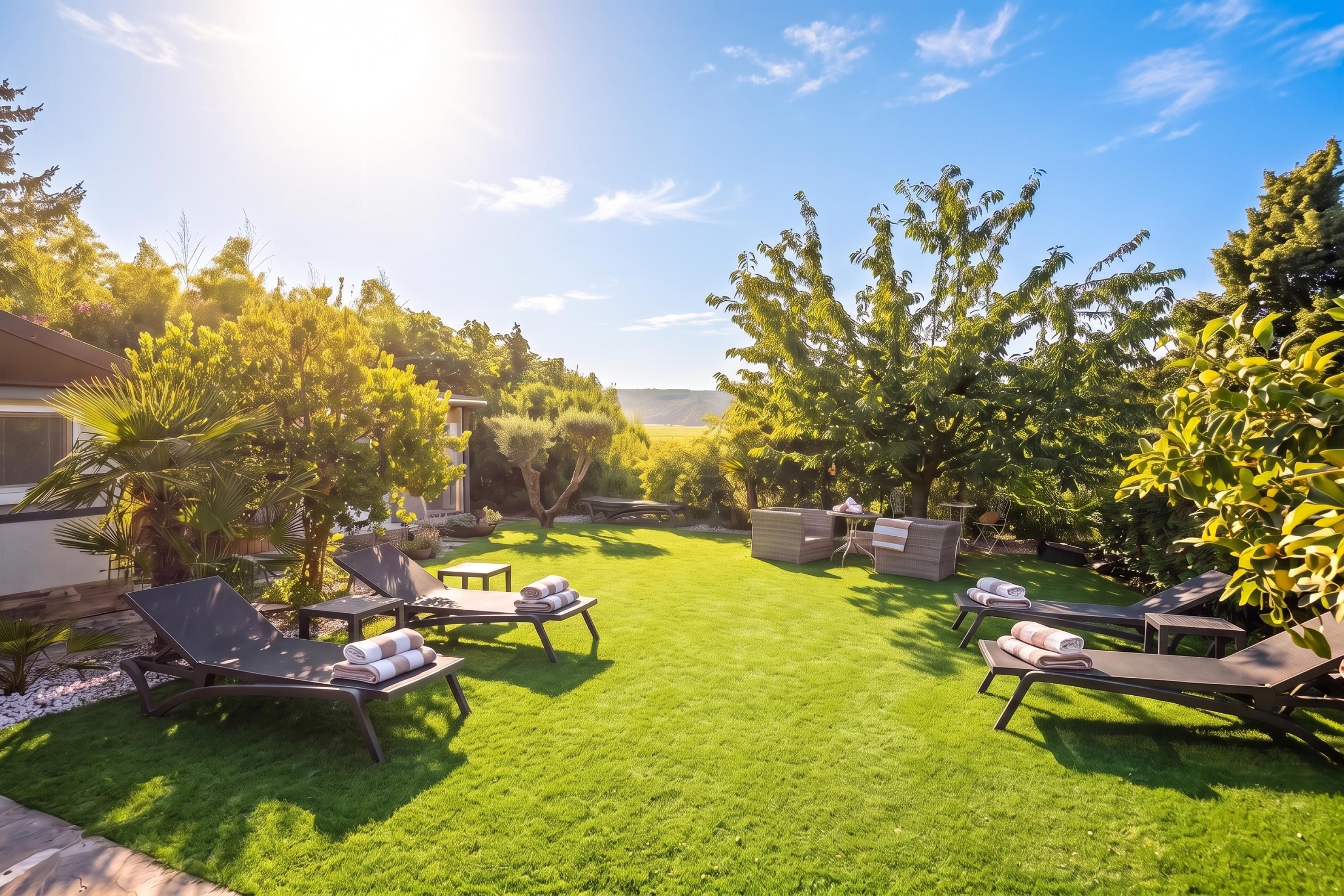 A well-maintained backyard with a lawn, outdoor furniture, and a variety of trees.