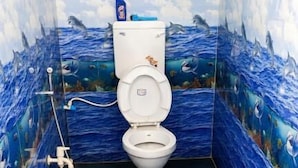 A bathroom with a toilet, shower, and two buckets on the floor.