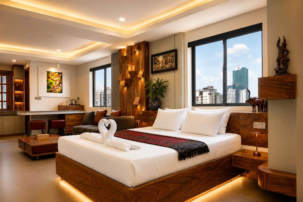 Ein modernes Hotelzimmer mit einem großen Bett, einer Sitzecke mit Sofa und Sesseln, einer Küchenzeile und großen Fenstern mit Blick auf die Stadt.