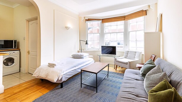 A compact hotel room with a bed, a sofa, a TV, a desk, and a washing machine. - Modern Flat Near Hyde Park (London)