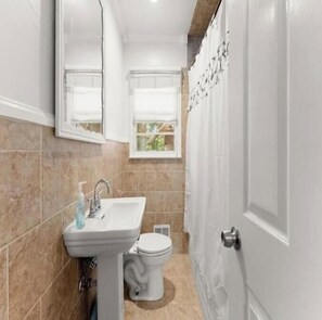 Hair dryer, towels, soap, toilet paper