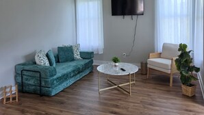 A living room with a ceiling fan, a TV mounted on the wall, a sofa, a chair, a coffee table, and a plant. - A Trip to the Nursery Capital (McMinnville)