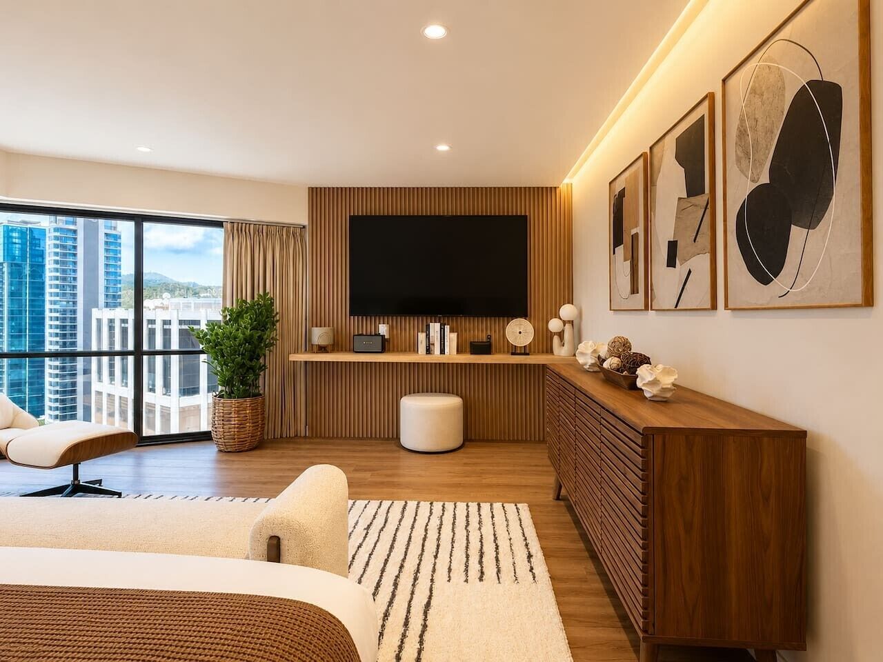 Une chambre moderne avec un grand lit, une télévision, une armoire en bois et une vue sur la ville.
