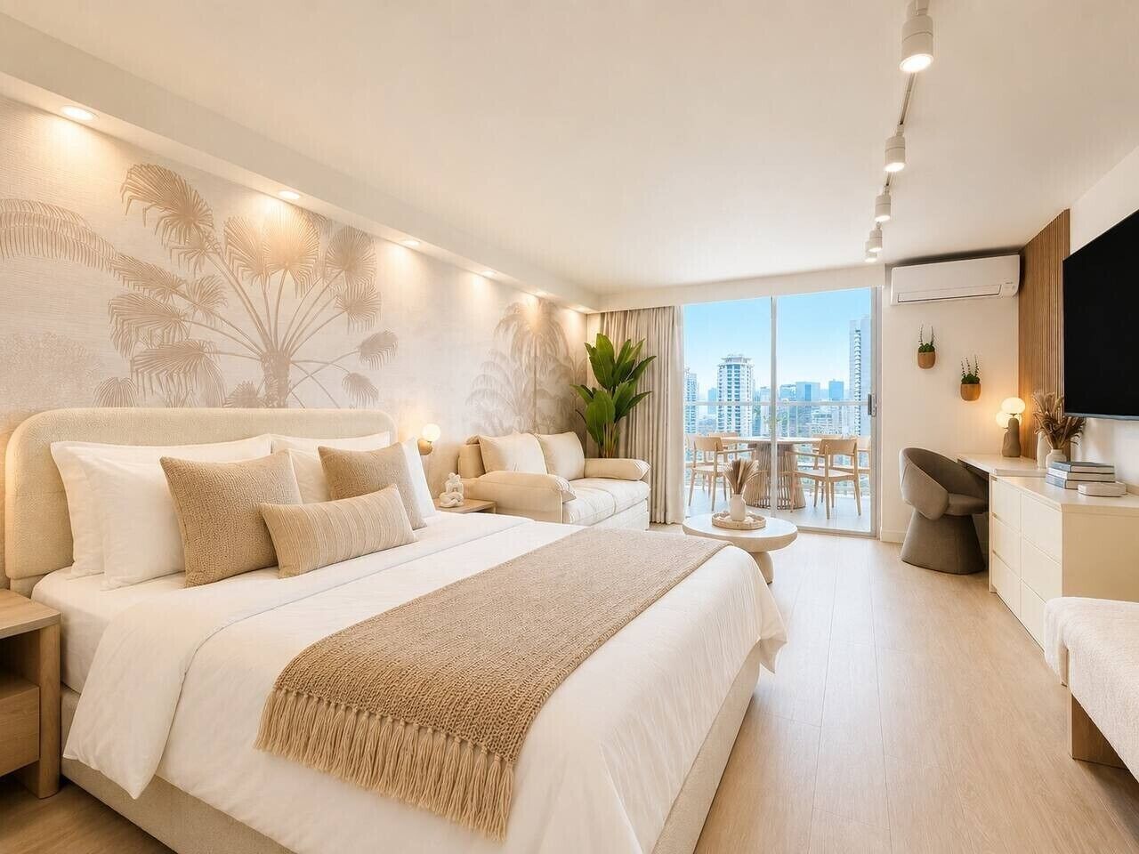 A modern hotel room with a large bed, a desk, a chair, and a balcony with a city view.