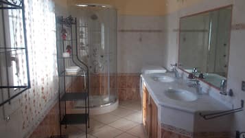 Shower, hair dryer, bidet, towels