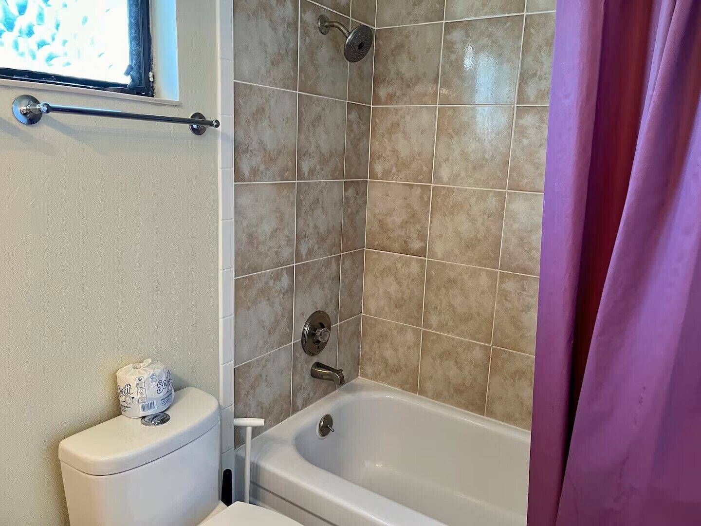 A bathroom with a toilet, a bathtub, and a shower.