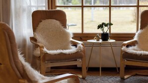 A room with wooden walls and a large window, two wooden chairs with white fluffy cushions, a small round table with a potted plant, and a grey shaggy rug. - Villa Tilhi - Peaceful 2BR Cabin in Ruka (Kuusamo)