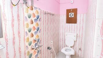 Shower, rainfall showerhead, slippers, bidet