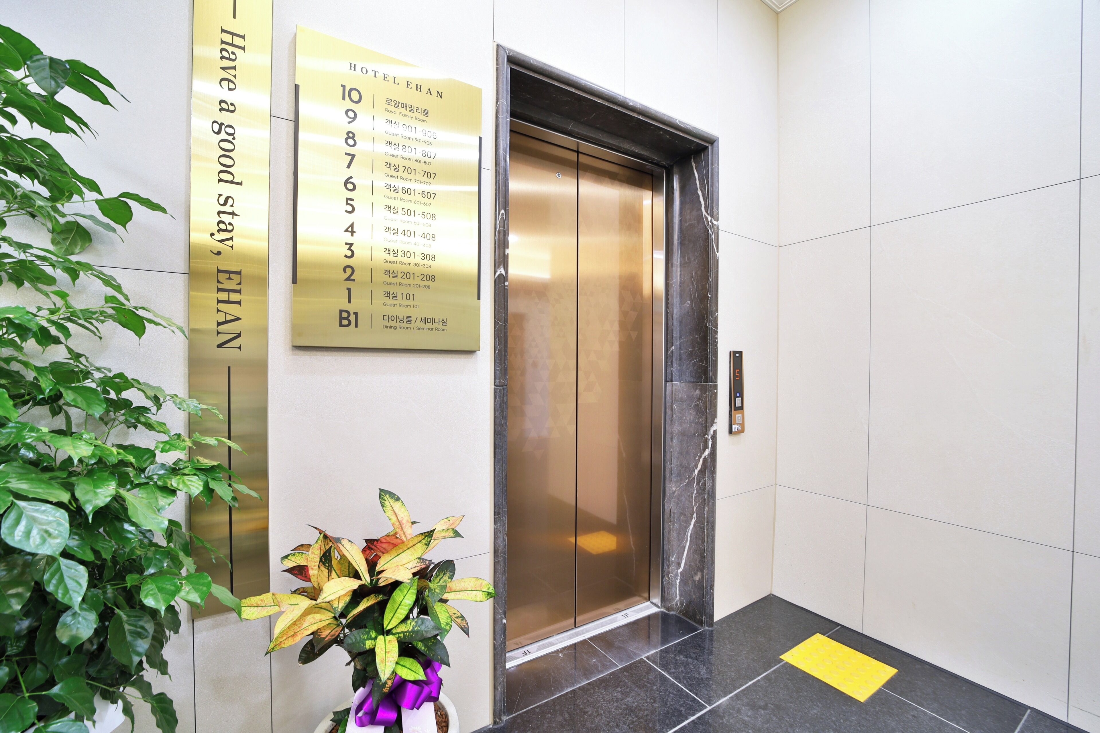 An elevator with a glass door, a wall-mounted directory, and a potted plant.