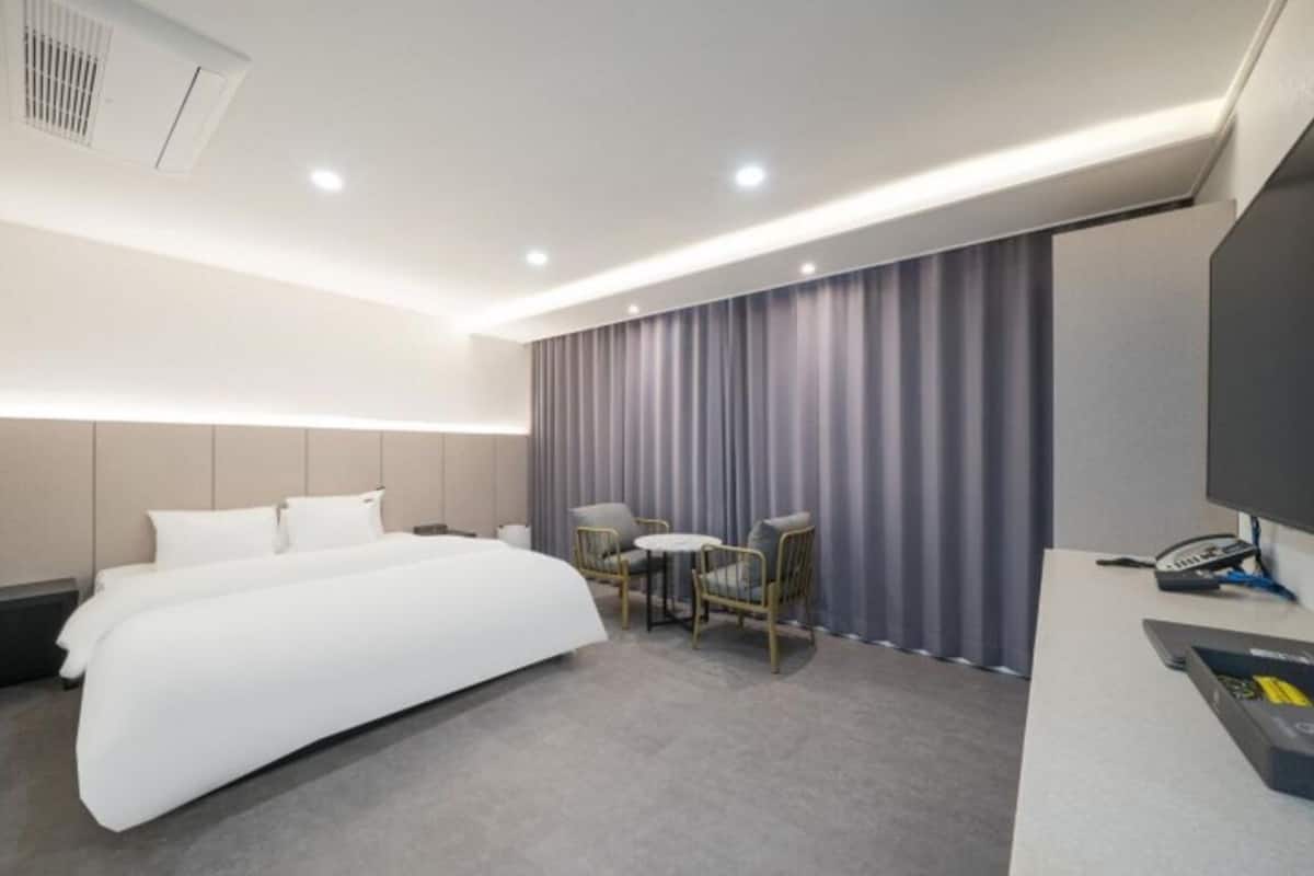 Habitación de hotel con una cama grande, un escritorio con silla, un televisor y una ventana con cortinas.