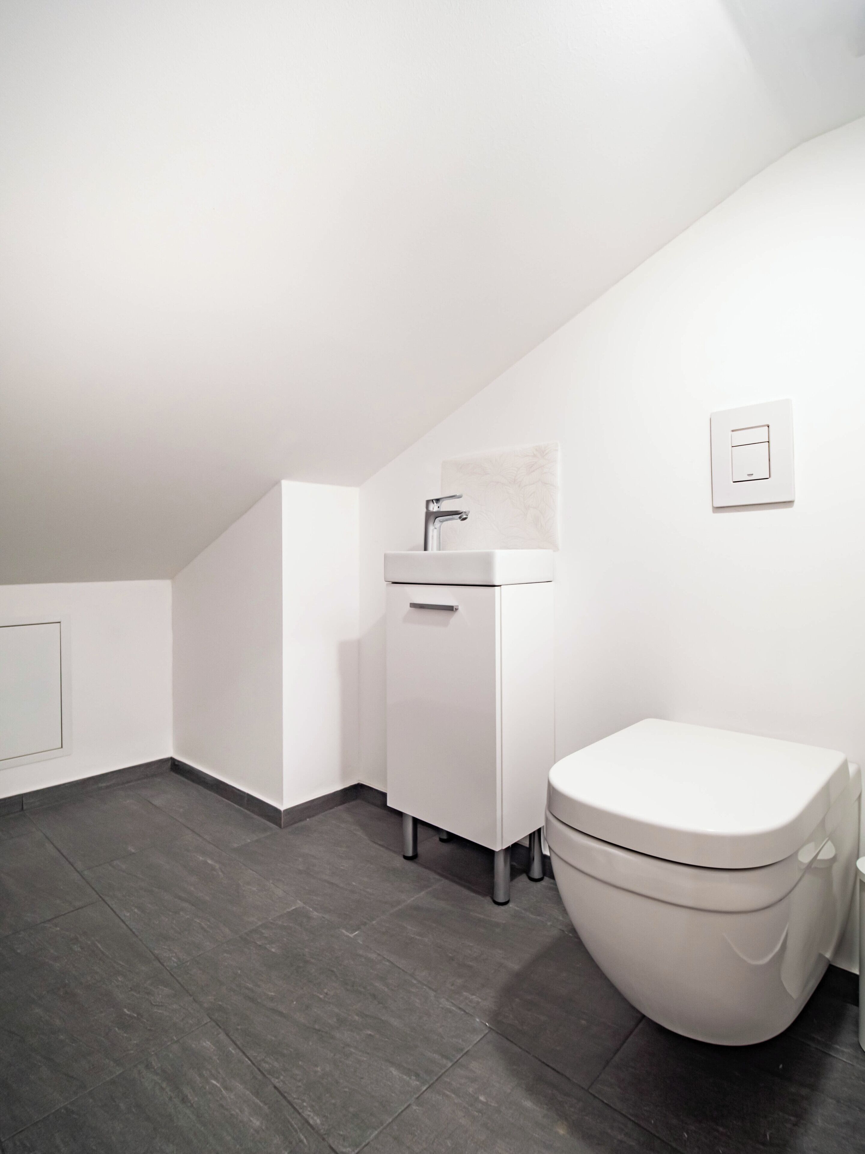 A modern bathroom with a white toilet, a white sink, and a shower.