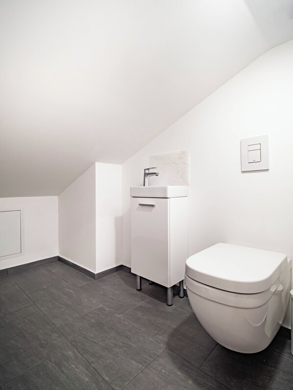A modern bathroom with a white toilet, a white sink, and a shower.