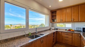 Eine Küche mit Granitarbeitsplatten, Holzschränken, einem Spülbecken und Blick auf eine Stadtlandschaft durch große Fenster.