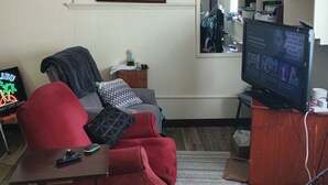 Un salon avec un canapé, un téléviseur, un tableau encadré au mur et une bibliothèque.