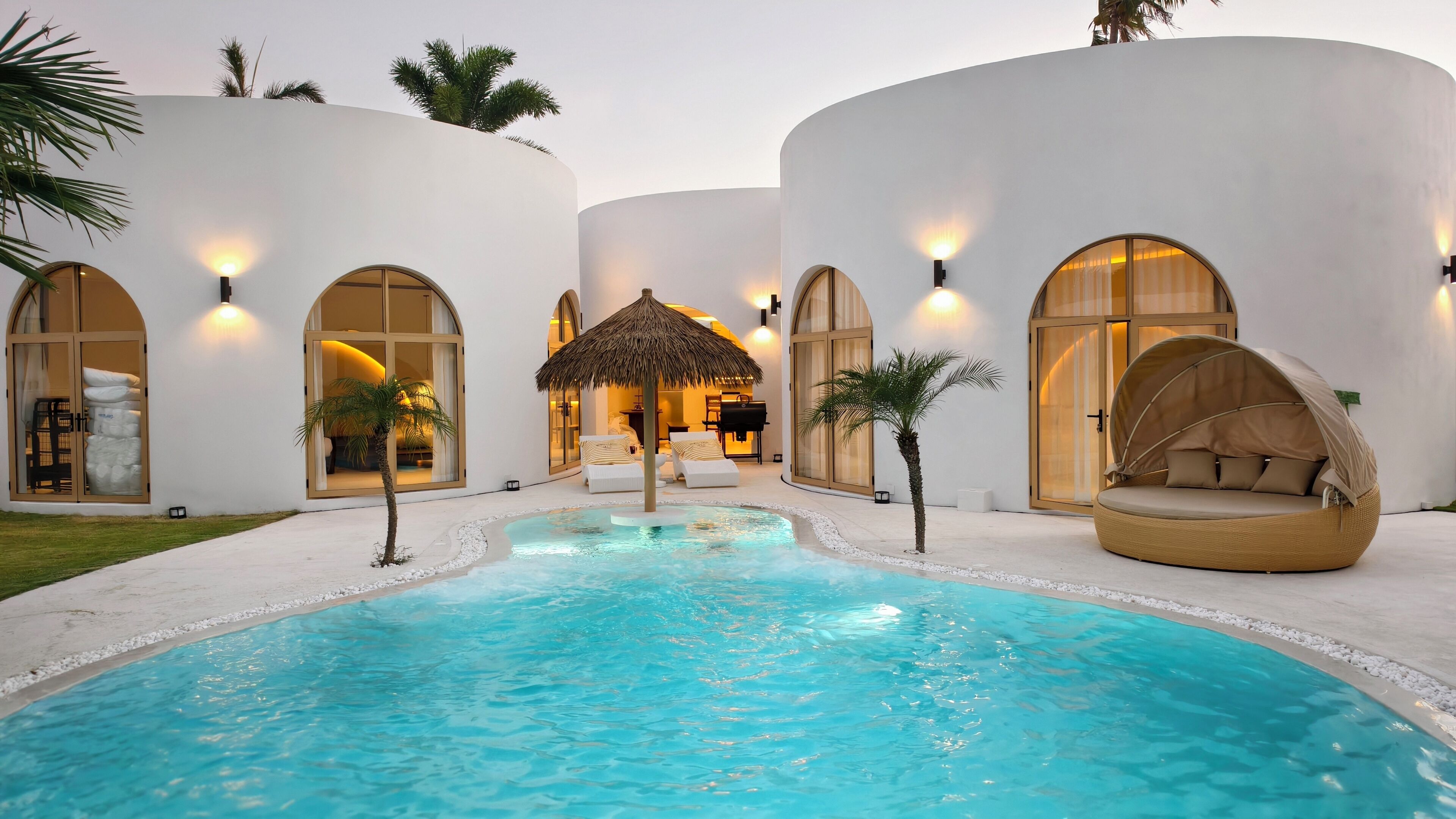 Outdoor pool, pool umbrellas, pool loungers