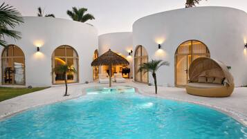 Outdoor pool, pool umbrellas, pool loungers