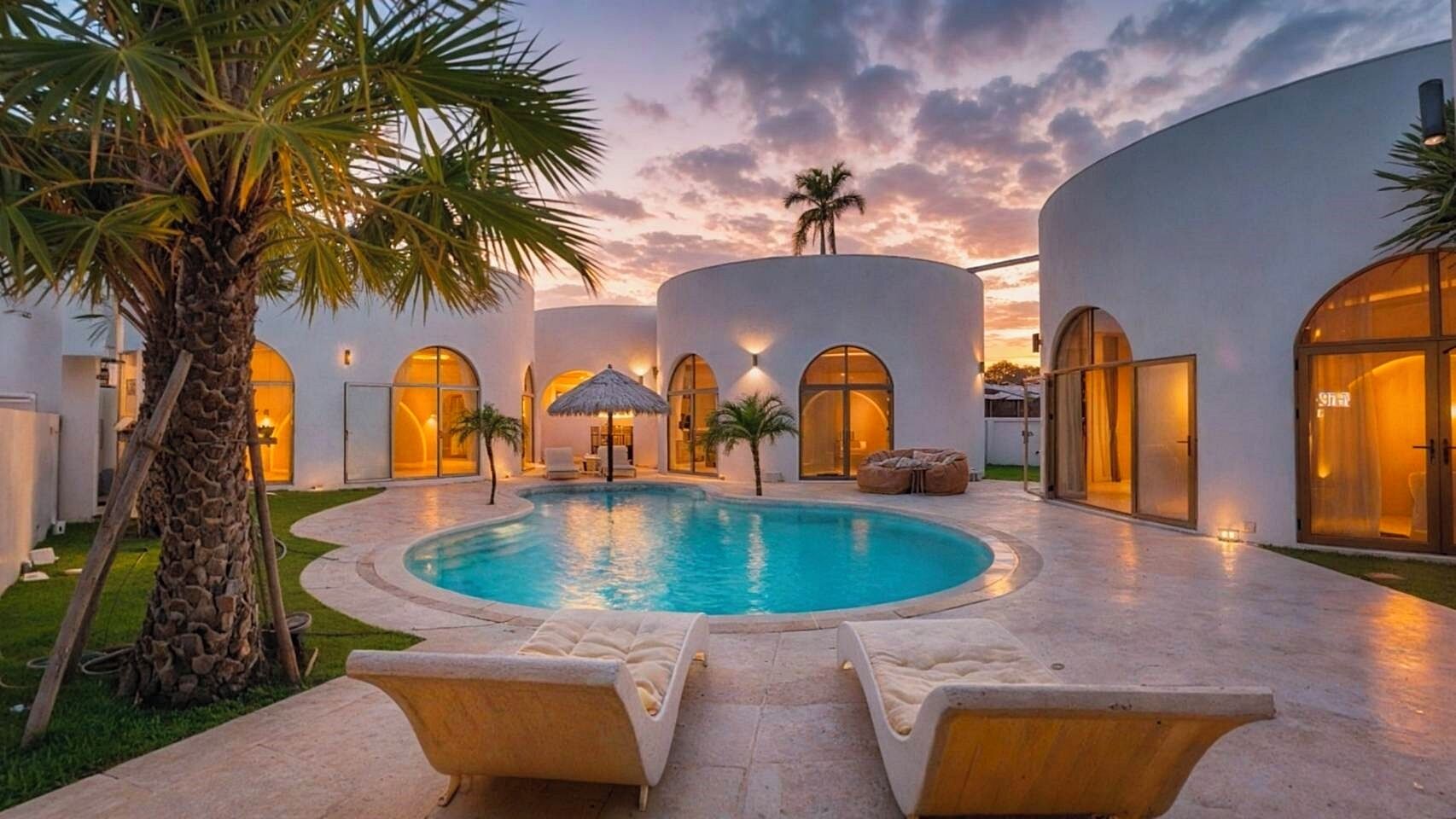Outdoor pool, pool umbrellas, pool loungers