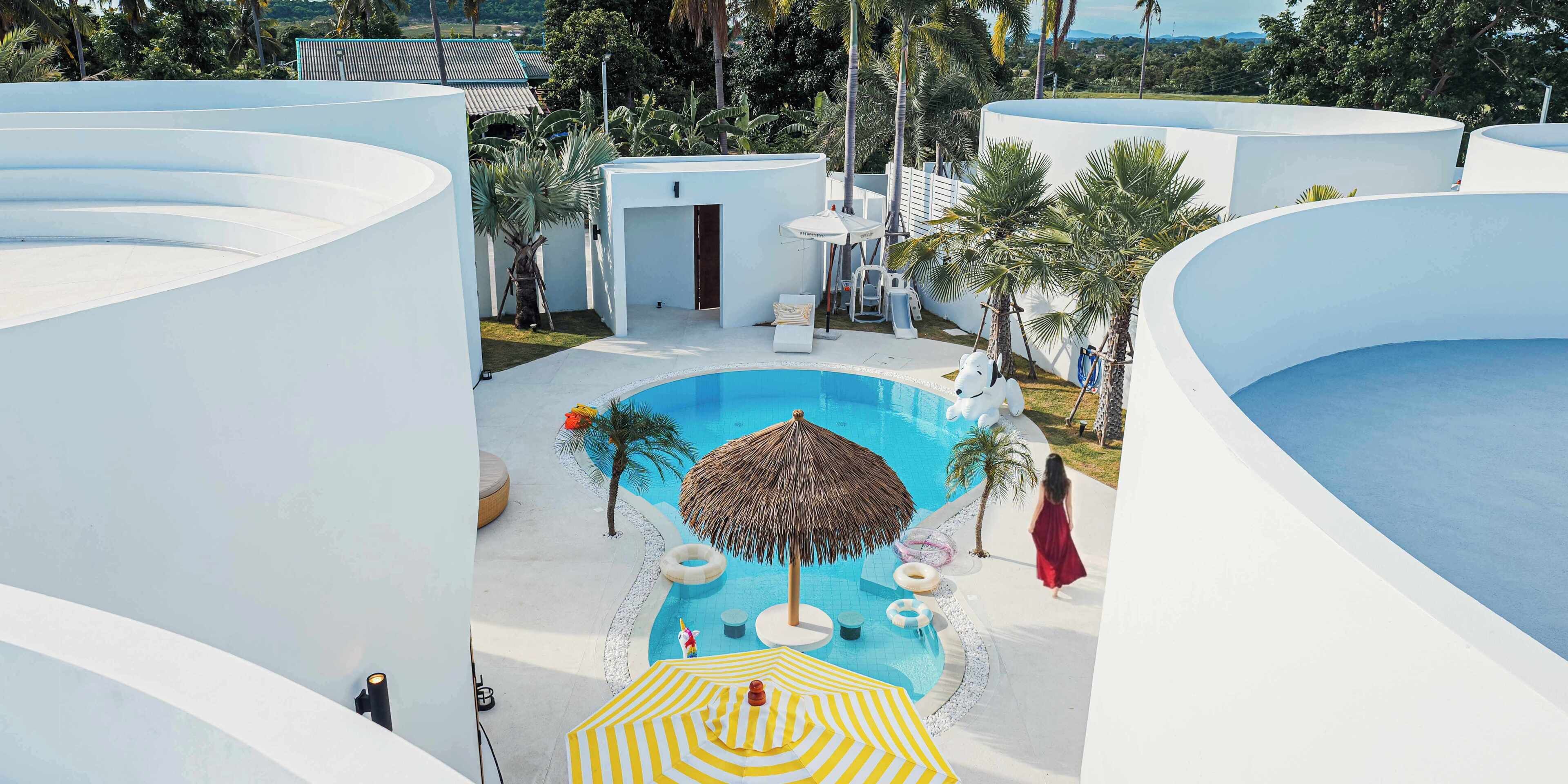 Outdoor pool, pool umbrellas, pool loungers