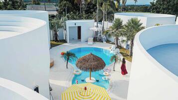 Outdoor pool, pool umbrellas, pool loungers