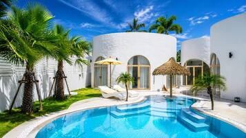 Outdoor pool, pool umbrellas, pool loungers