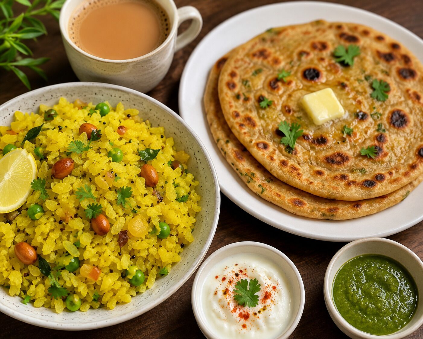A meal with rice, flatbreads, and two side dishes.