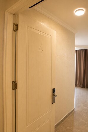 A hotel room door with a number '4' on it, a door handle, and a keyhole. - V E L O R Hotel apartment (Batumi)